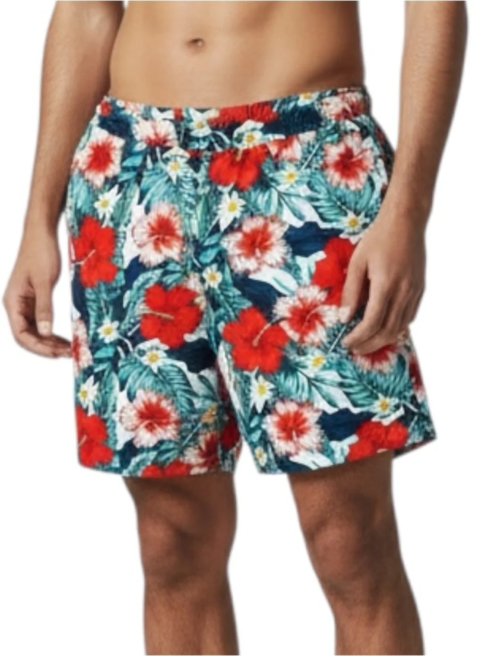PatPat Swimsuit Men’s Red Green Tropical Hibiscus Trunks Shorts Pull On NWOT